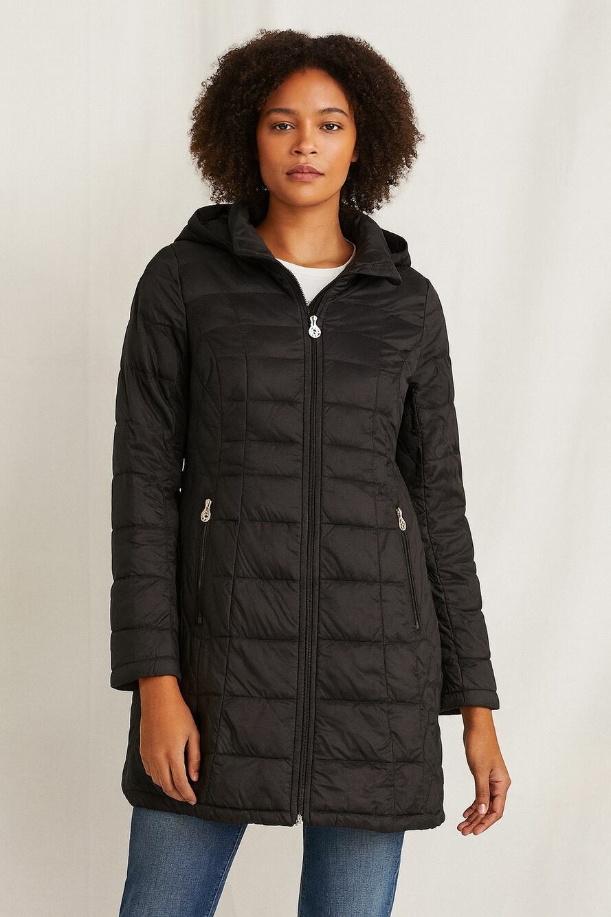 Michael Kors Lightweight Down Packable Long Hooded Jacket Black Small